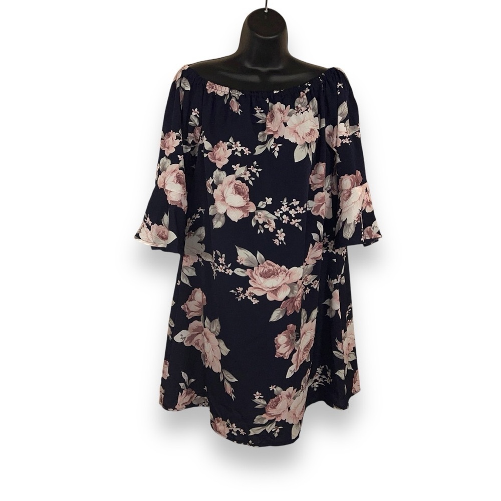 LARGE BLUE FLORAL OFF SHOULDER DRESS BELL SLEEVE PINK FLORAL